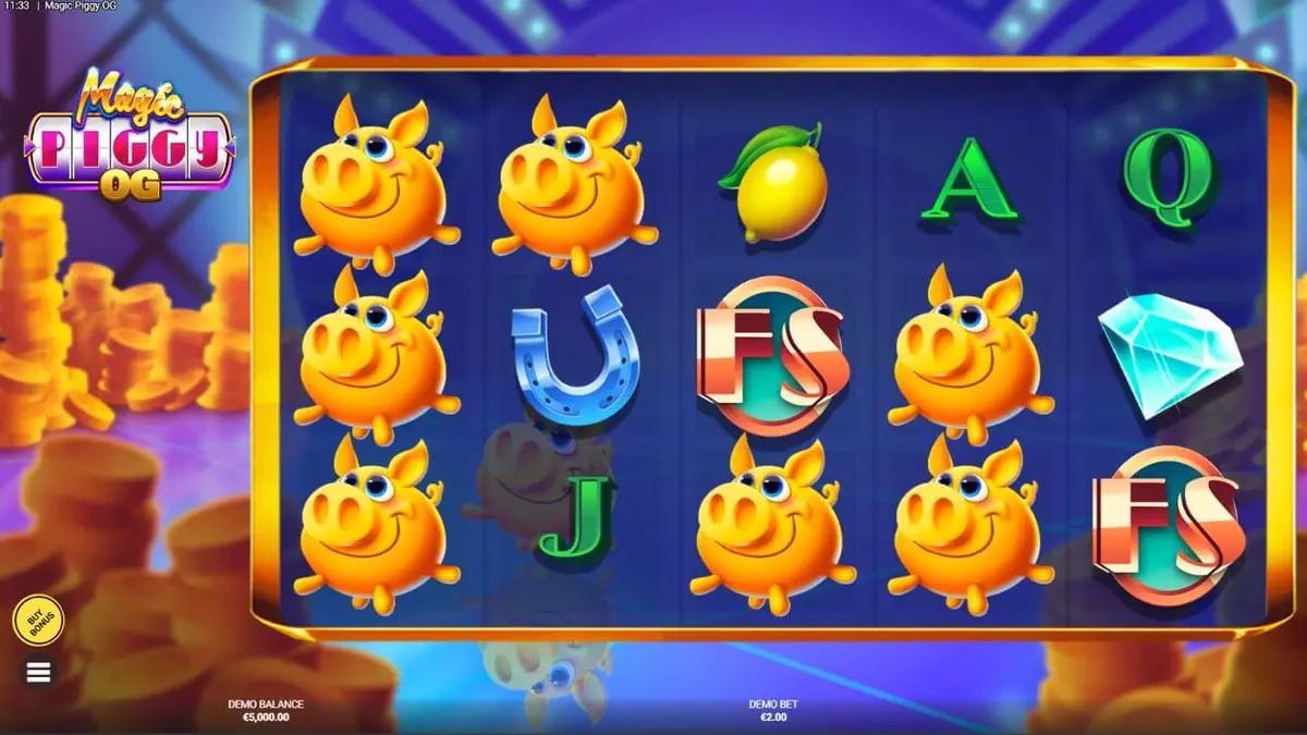 Tampilan layar permainan slot Magic Piggy OG dengan latar belakang studio game show neon.