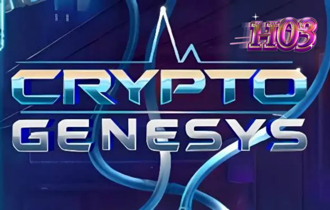 Tampilan layar permainan slot Crypto Genesys dengan tema cyberpunk dan simbol kripto.